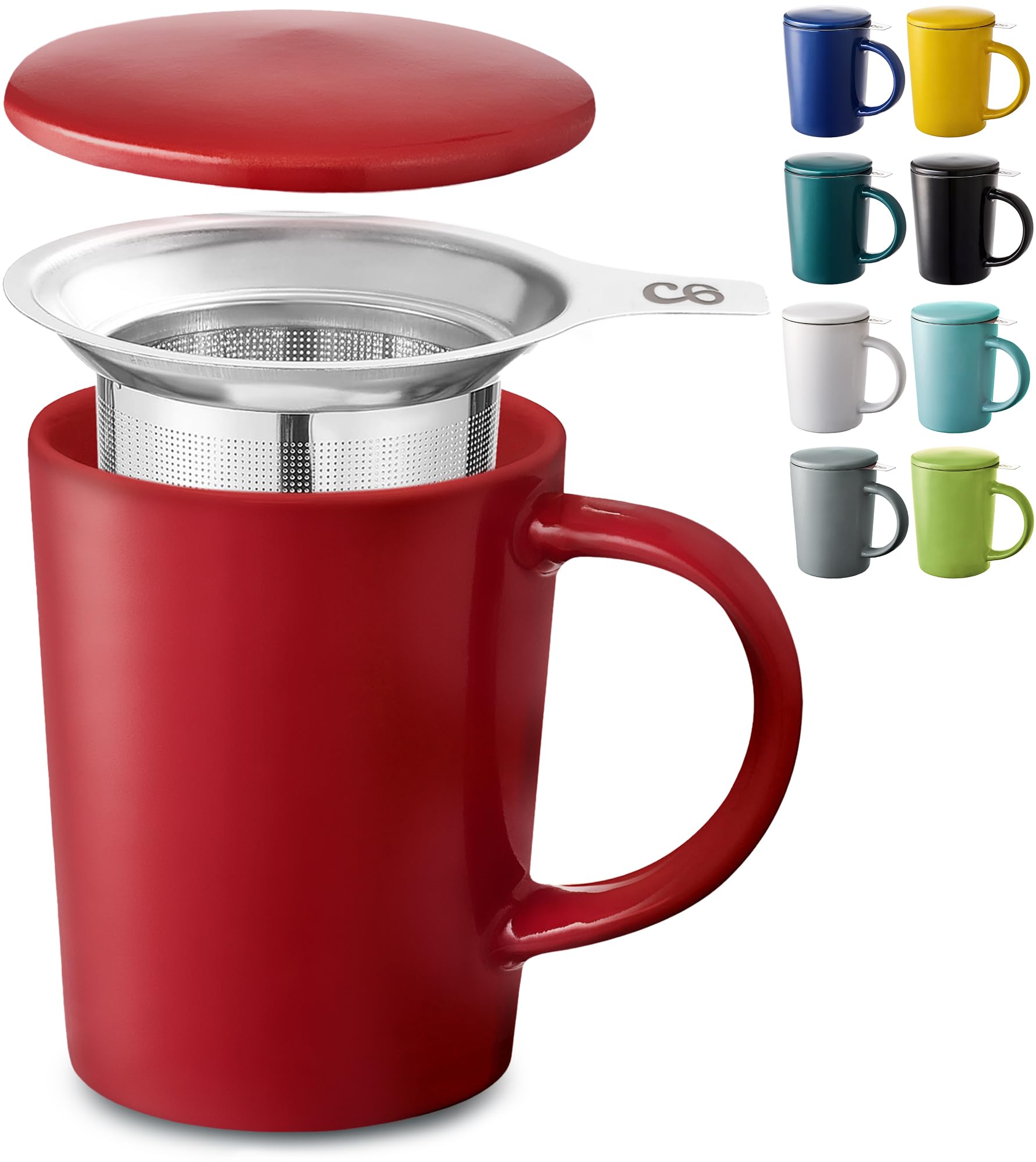 Cosumy Tea Cup with Infuser and Lid - 400ml Large - Ceramic Mug - Long Warmth - Scratch Resistant - Dishwasher Safe (Ruby Red)