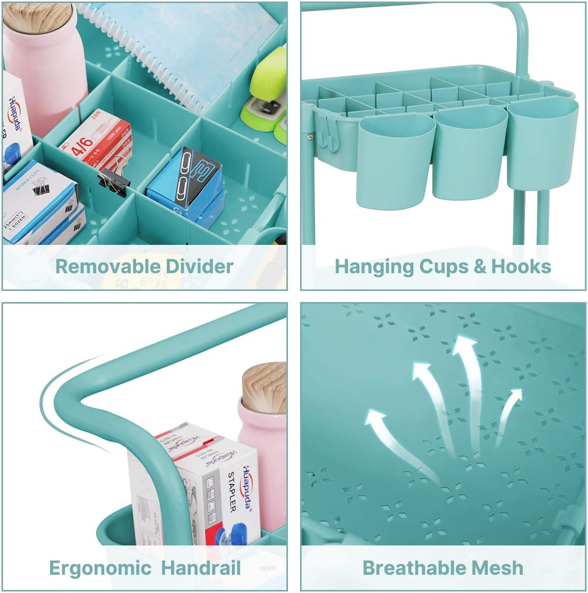 3 Tier Storage Cart, Rolling Cart，Kitchen Storage Cart, Painting Cart, Trolley Adjustable Makeup Cart with Handle/Hanging Cups/Hooks/Wheels for Bedroom/Bathroom, Teacher Cart: Kitchen & Dining
