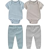 Newborn Baby Layette Set 4-Piece with Bodysuits and Pants Set for Unisex Baby Gift Sets