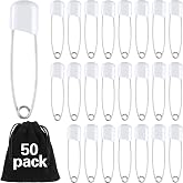 WILLBOND 50 Pcs Large Safety Pins for Clothes,with Bag, White | Plastic Head with Locking Closures, Heavy Duty Nappy Pins Hooks, 2.2 Inch Fasteners, Stainless Steel, Velvet Bag