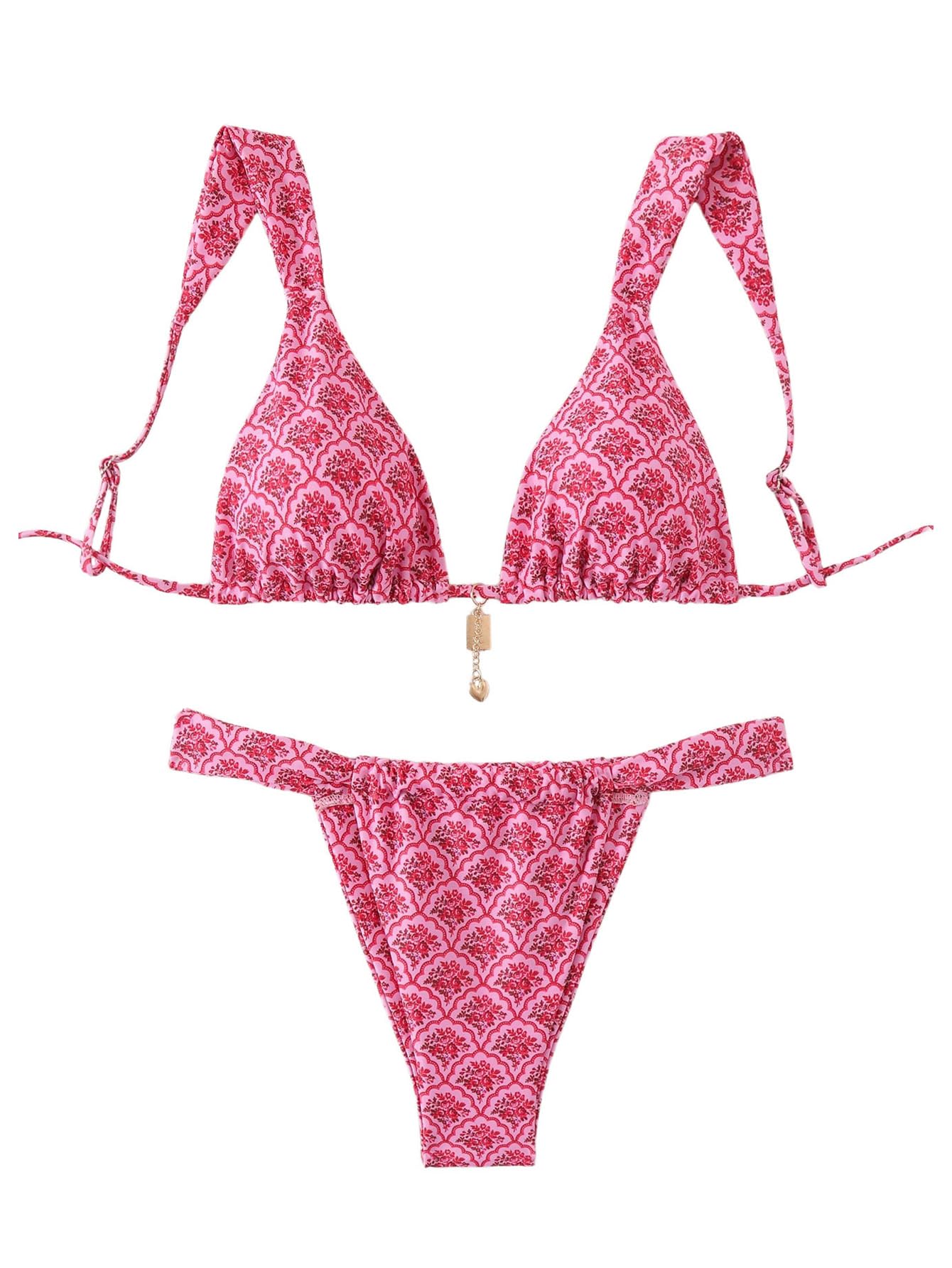 Photo 1 of RoseSeek Women's 2 Piece Leopard Floral Bathing Suit Wireless Triangle Swimsuit High Waisted Bikini Sets Bright Pink XX-Small