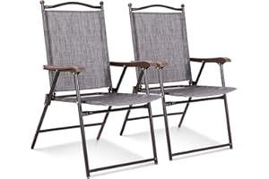 Giantex Set of 2 Patio Folding Chairs, Outdoor Patio Dining Chairs w/Armrest, Sling Back, Metal Frame, Outside Use for Lawn Camping Garden Pool Beach Yard Lounge, No Assembly, Grey
