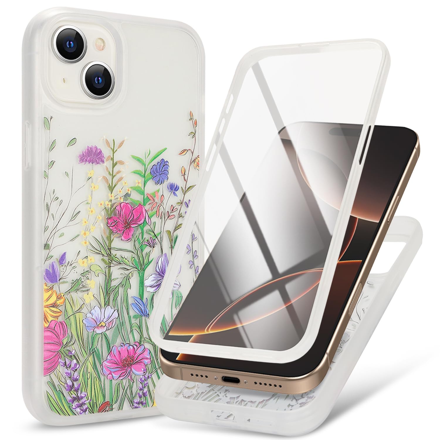 CoozCase for iPhone 15 Case with Built-in Screen Protector,Clear Soft Shockproof Slim Fit Floral 360 Full Body Protective,for Apple iPhone 15 Phone Cases for Women Girls-Pattern 1