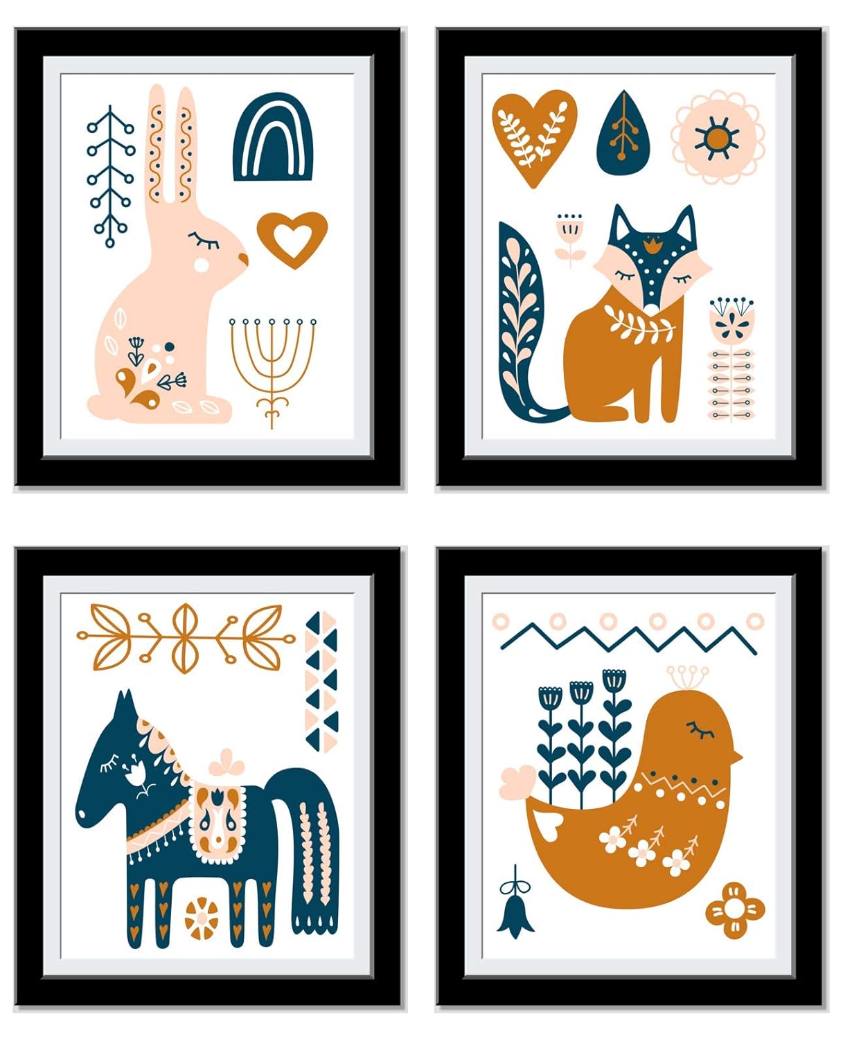 Folk Art Nursery Wall Decor - Cute Kids Room Decor - Decorative Elements with Chic Rabbit Fox Horse and Bird - Set of 5 8 x 10 UnFramed…