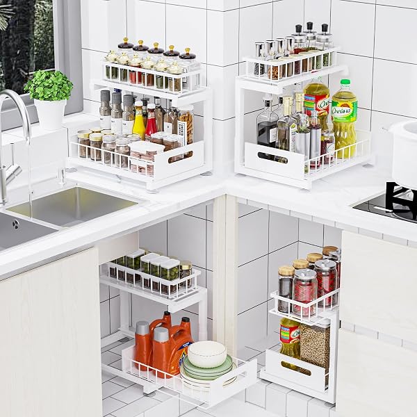 TOYEAR UNDER SINK ORGANIZER, HEAVY DUTY METAL PULL OUT CABINET ORGANIZER SLIDE OUT SINK SHELF ORGANIZER HEIGHT ADJUSTABLE, MULTI-PURPOSE STORAGE SHELF FOR KITCHEN BATHROOM(WHITE,2PACK)