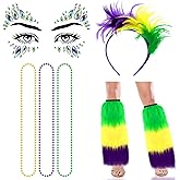 Jutom Mardi Gras Costume Accessories Set: Mardi Gras Leg Warmers for Women, Carnival Fur Boots & Boot Covers, Feather Headband, Beads & Face Jewels for Carnival Party