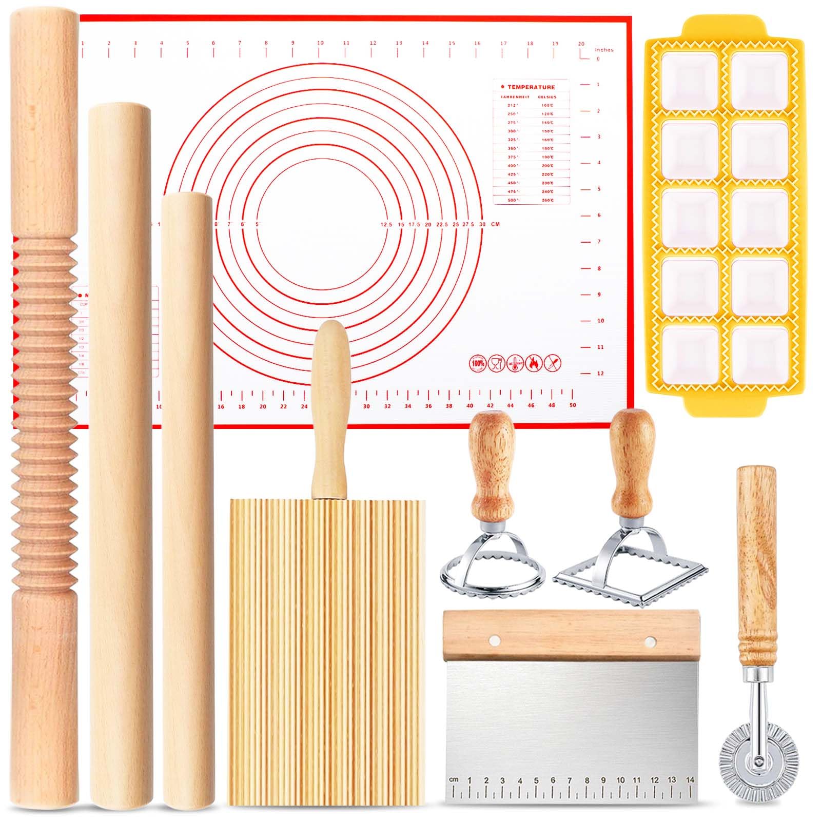 Photo 1 of Pasta Making Tools, 10 Piece Wood Pasta Making Kit with 3 Rolling Pins, 1 Gnocchi Board, 1 Dough Cutter, 1 Ravioli Cutter, 1 Ravioli Maker, 2 Pasta Stamps, 1 Baking Mat, Ravioli Pasta Set for Kitchen
