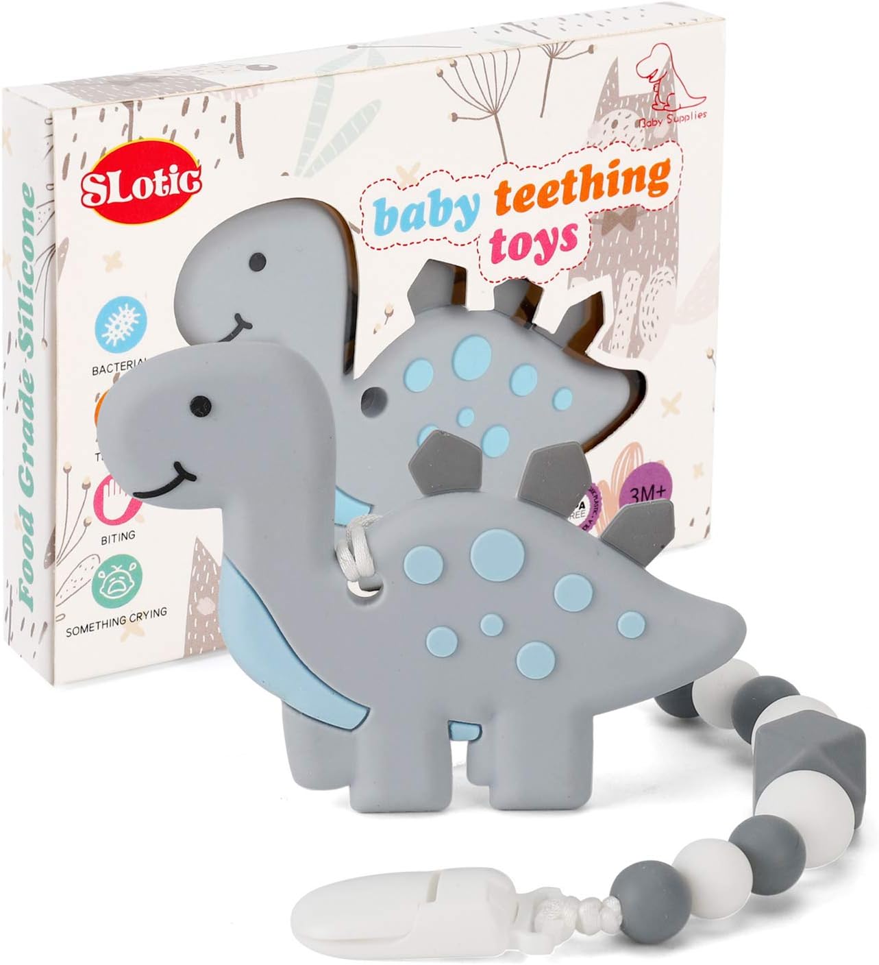 Slotic Baby Teething Toys, Dinosaur Teether Pain Relief Toy with Pacifier Clip Holder Set for Newborn Babies, Freezer Safe Neutral Shower Gift, Soft & Textured Stocking Stuffers for Boy and Girl : Baby