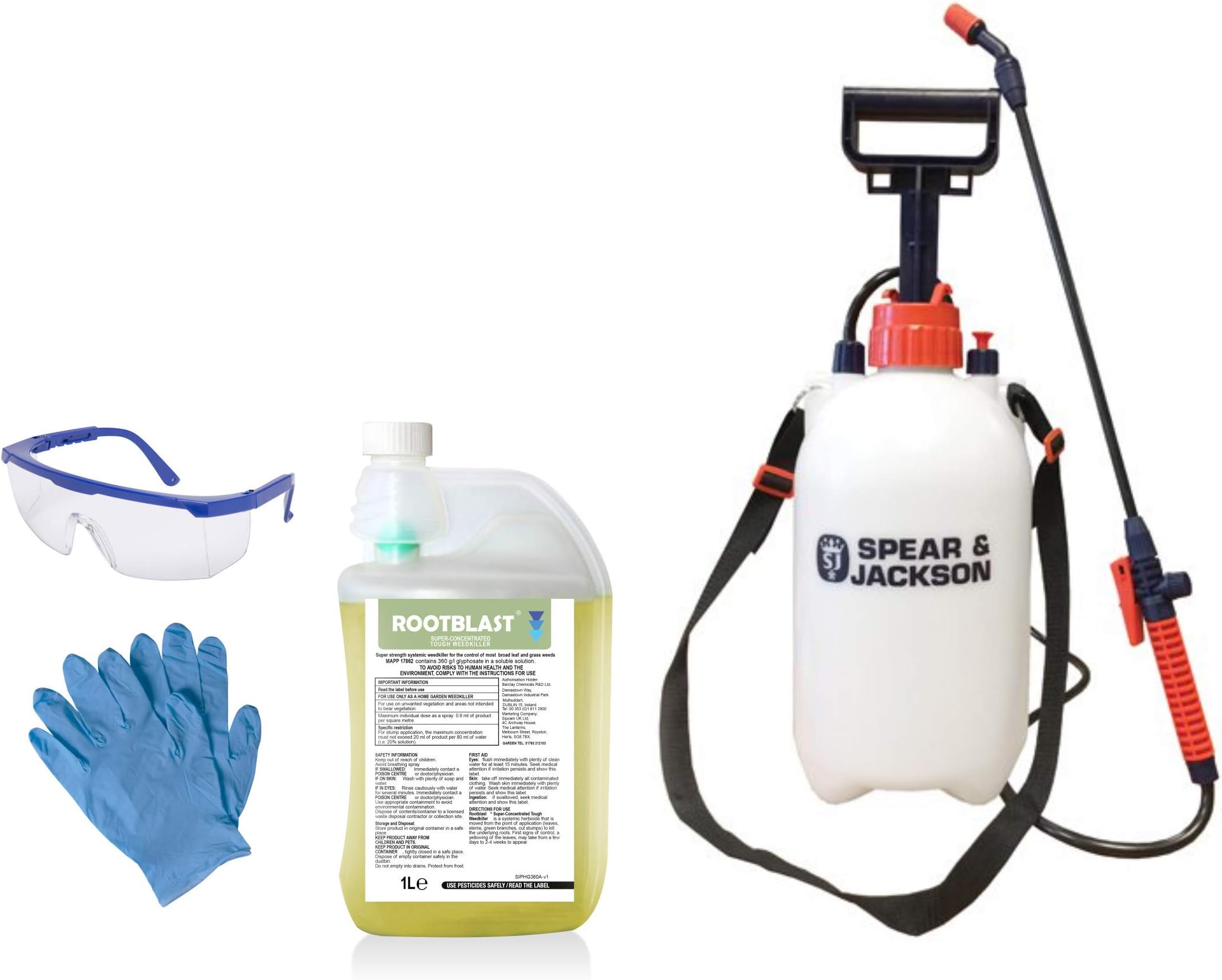 Rootblast 360 Glyphosate Weedkiller 1L bottle with integral measuring device Pair of gloves 5 L Pump Spray Safety Glasses 1L makes up to 50L