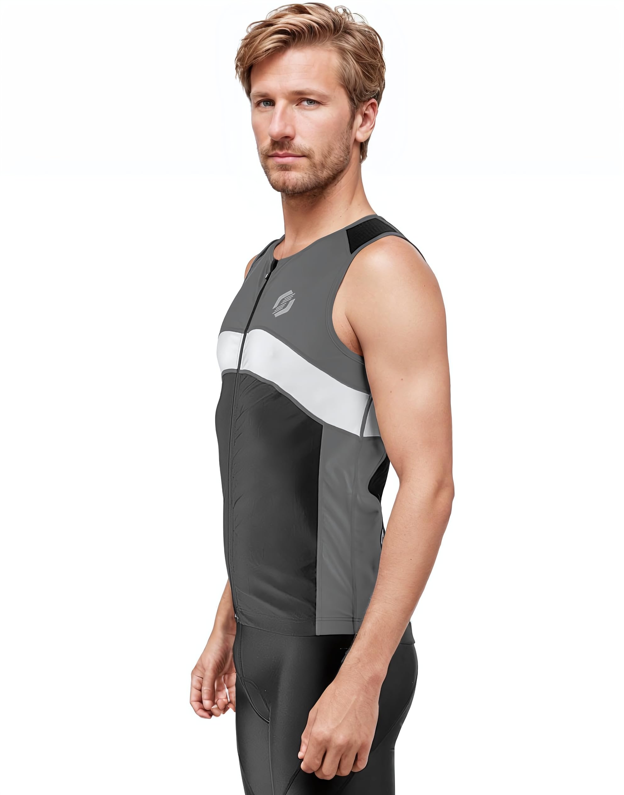 SLS3 Mens Triathlon Top - Triathlon Shirts Men - Tri Jerseys - Tri Top - Men's Tri Top - Sleeveless Bike Jersey FX (M, Black/Thunder Grey/White)