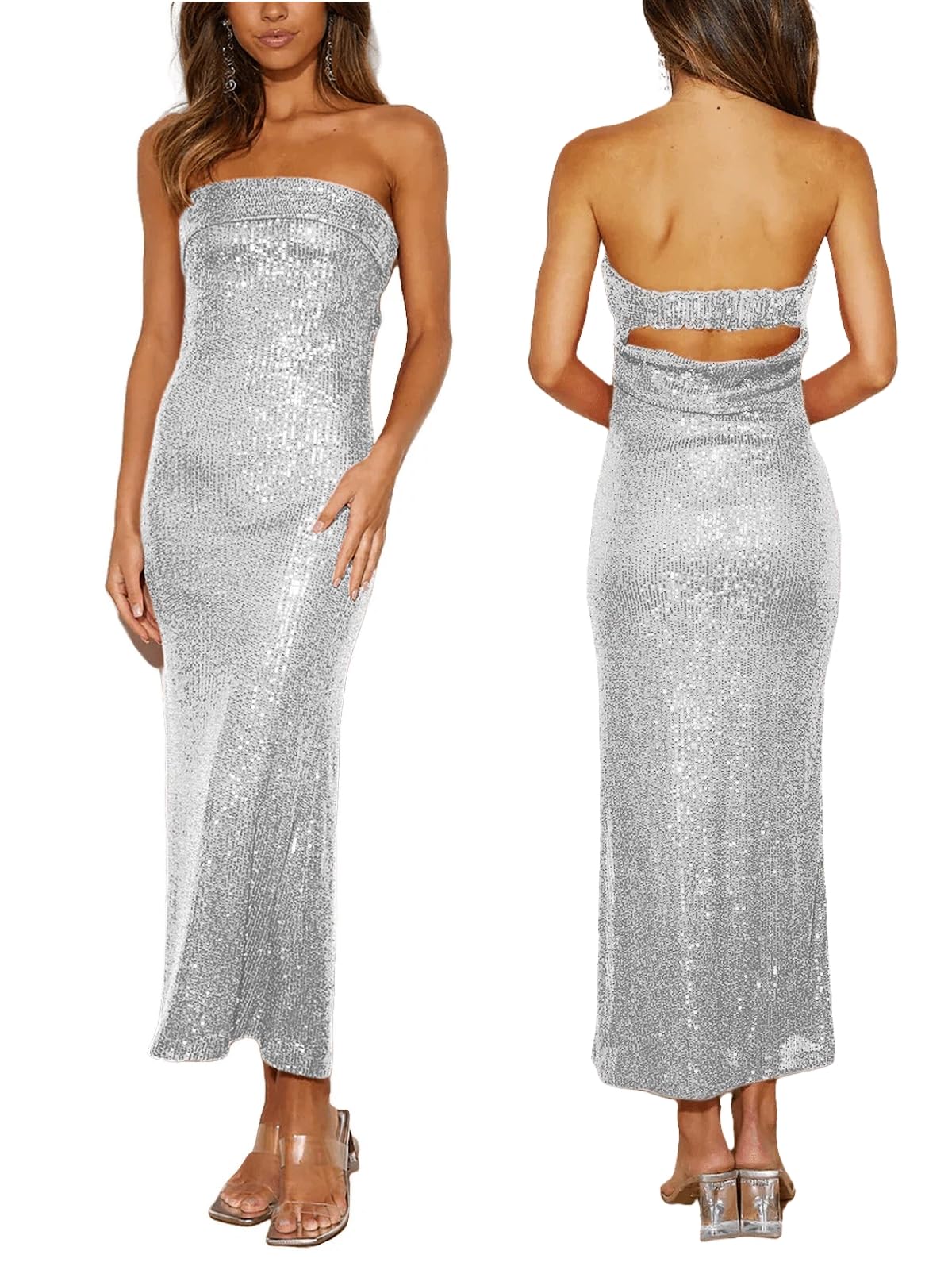 Photo 1 of YISENRIY Women Strapless midi Sequin Dresses Bodycon Sleeveless Wedding Guest Sparkly Glitter Formal Cocktail Dress (US, Alpha, Small, Regular, Regular, Silver)