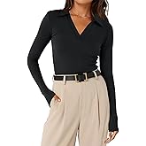 Meetrendi Womens Long Sleeve Shirts Slim Fitted Business Casual Work Tops Collared V Neck Polo Shirt 2025 Fall Outfits