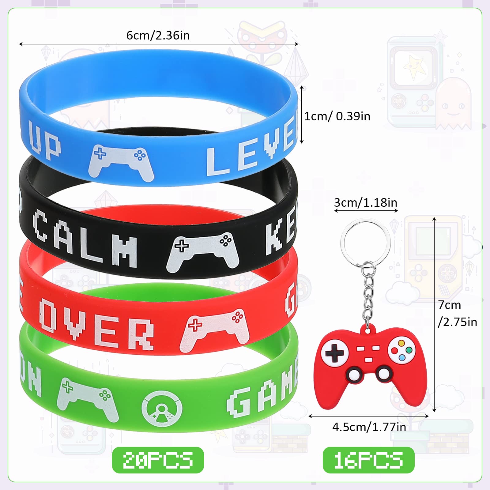 Aoriher 60 Pieces Video Game Party Favors Gifts Set Includes 20 Video Game Bracelets Wristbands 24 Stampers and 16 Handle Keychains for Party Supplies(Classic Style)