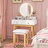 CHARMAID Vanity Desk with Mirror and Lights, White Makeup Vanity Desk with 4 Drawers, 3 Color Lighting Modes, Adjustable Brightness, Modern Dressing Table with Vanity Stool for Girls Small Bedroom