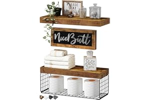 QEEIG ‎Bathroom Shelves Over Toilet - Paper Storage Wall Mounted Farmhouse Decor Decorations Aesthetic Décor Sign Small Floating Wall Shelf 2+1 Set 16 inch NiceButt, Rustic Brown (020BN-NB)