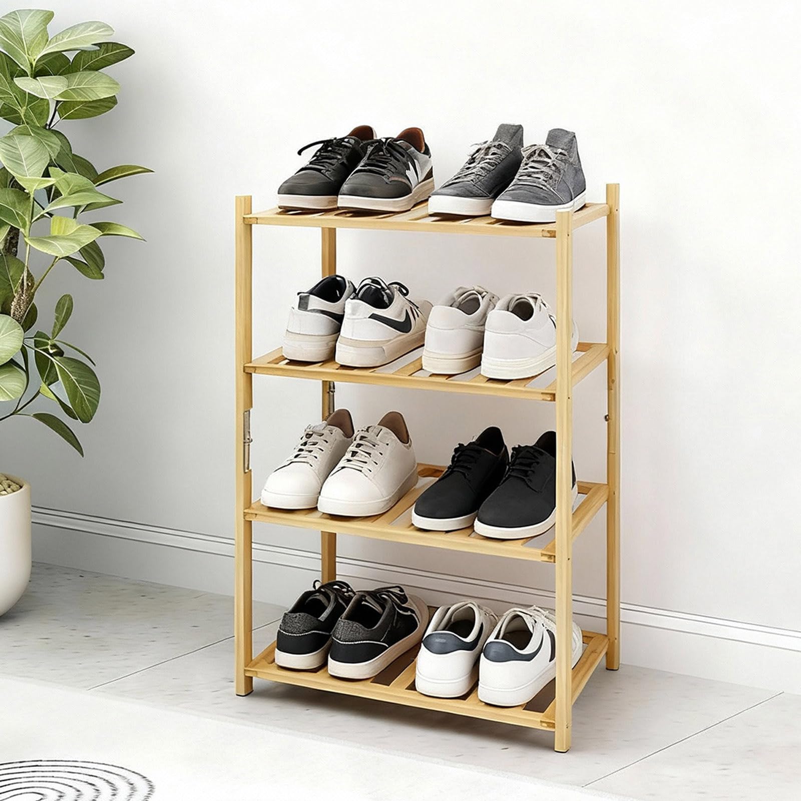 Akloya Small Shoe Rack, Multipurpose 4 Tier Shoe Organizers Rack，Small Bamboo Shelfs for Shoes, Plants, Books, Living Room, Hallway Bedroom, Bathroom (4 Tier)