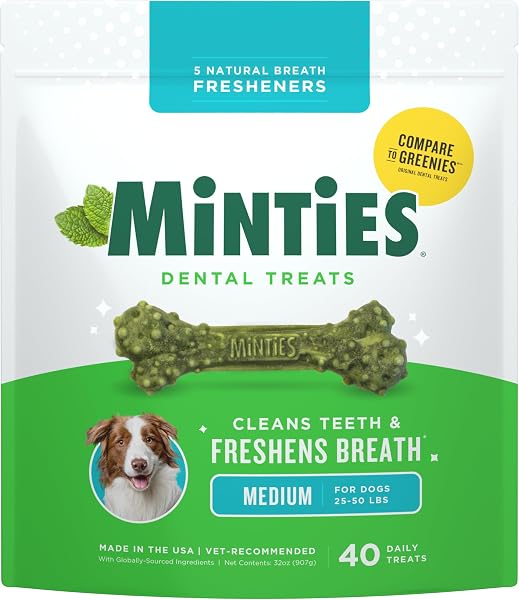 Minties Dental Chews for Dogs, 40 Count, Vet-Recommended Mint-Flavored Dental Dog Treats for Medium Dogs, Bones Clean Teeth,