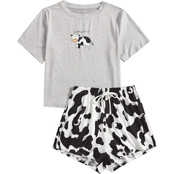 WDIRARA Women's Cartoon Cow Print Shorts & Tee Pajama Set – Black Skeleton Sleepwear, Size Small