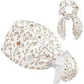 Scrub Caps Women Nursing Hats Floral Flowers with Buttons Ponytail Working Adjustable Pouch Tie Back