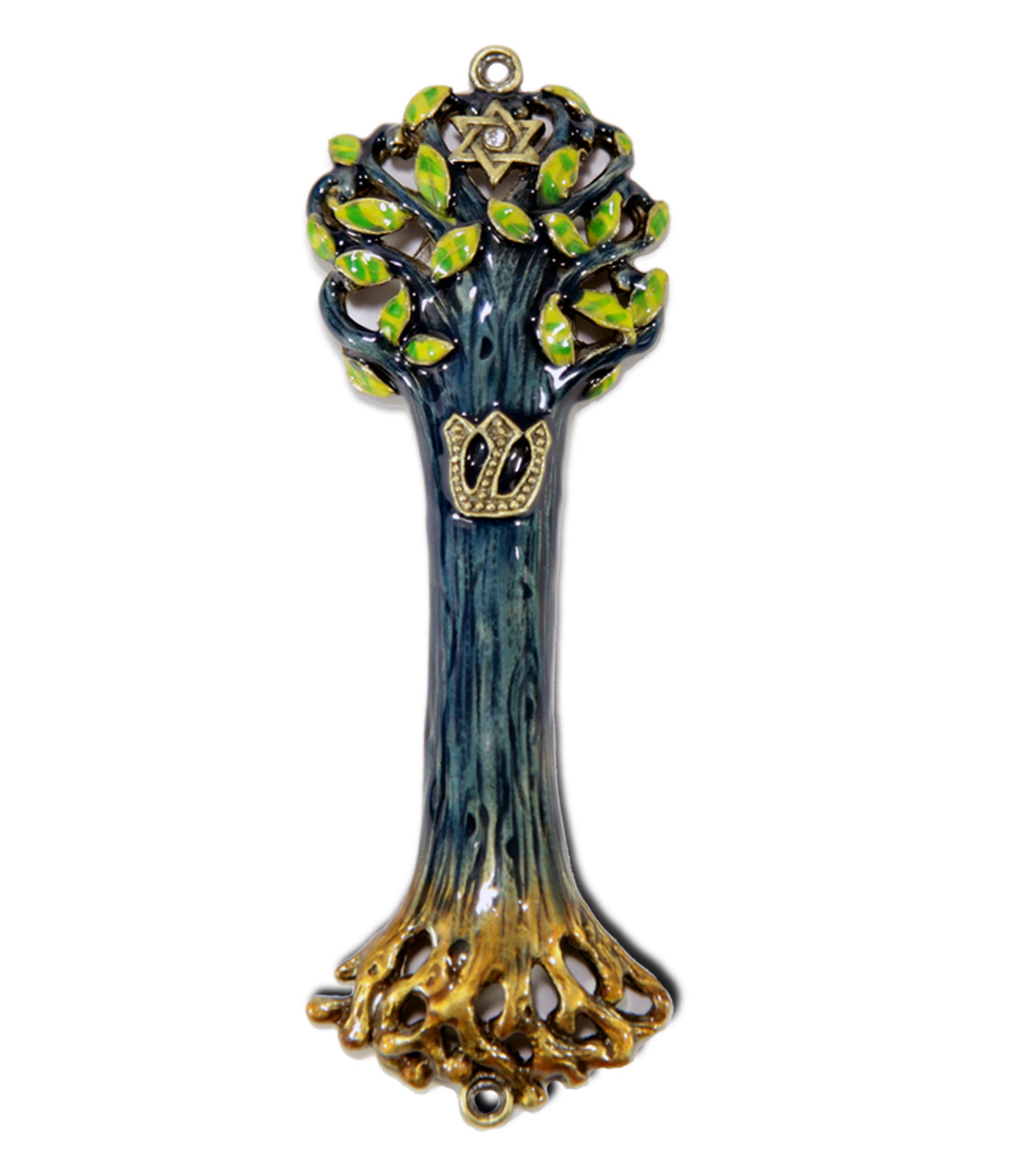 Mezuzah Case | Mezuzah Cover | Artwork Tree of Life Wooden Texture Design and Crafted in Brass 4" for The Jewish Homes | Rainbow Color ( Multicolored | Blue | Green) No Scroll or Prayer Included