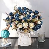 MOOMASS Lifelike Artificial Rose Bouquets and Ceramic vases, Fake Silk Roses, Suitable for Wedding, Dining Table, Office, Party and Home Decoration(Blue)