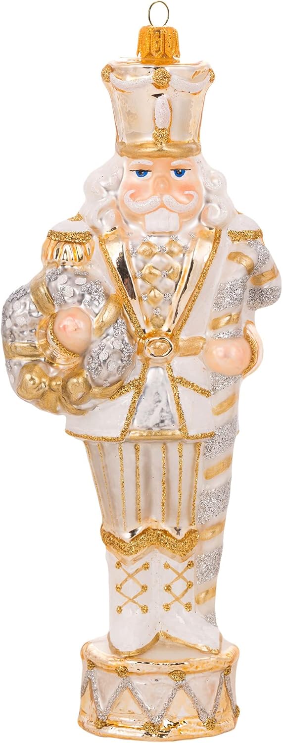 Nutcrackers - Miss Christmas 2023 Collection Fancy Nutcracker Soldier 7-Inch Blown Glass Christmas Tree Ornament (Elegant White Nutcracker)