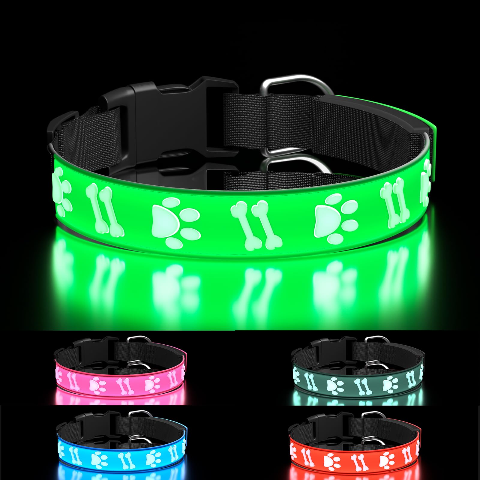 TOPOTO Light Up Dog Collar 15 Lighting Modes LED Dog Collars Rechargeable Flashing Collar for Medium/Large Dog Night Luminated Collar for Night Walk Green