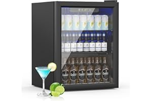 Stopsad Beverage Refrigerator Cooler, 70 Can/1.6 Cubic Feet Mini Fridge with Glass Front Door, Digital Display Small Refrigerator with Adjustable Shelves for Soda, Beer or Wine (Black)