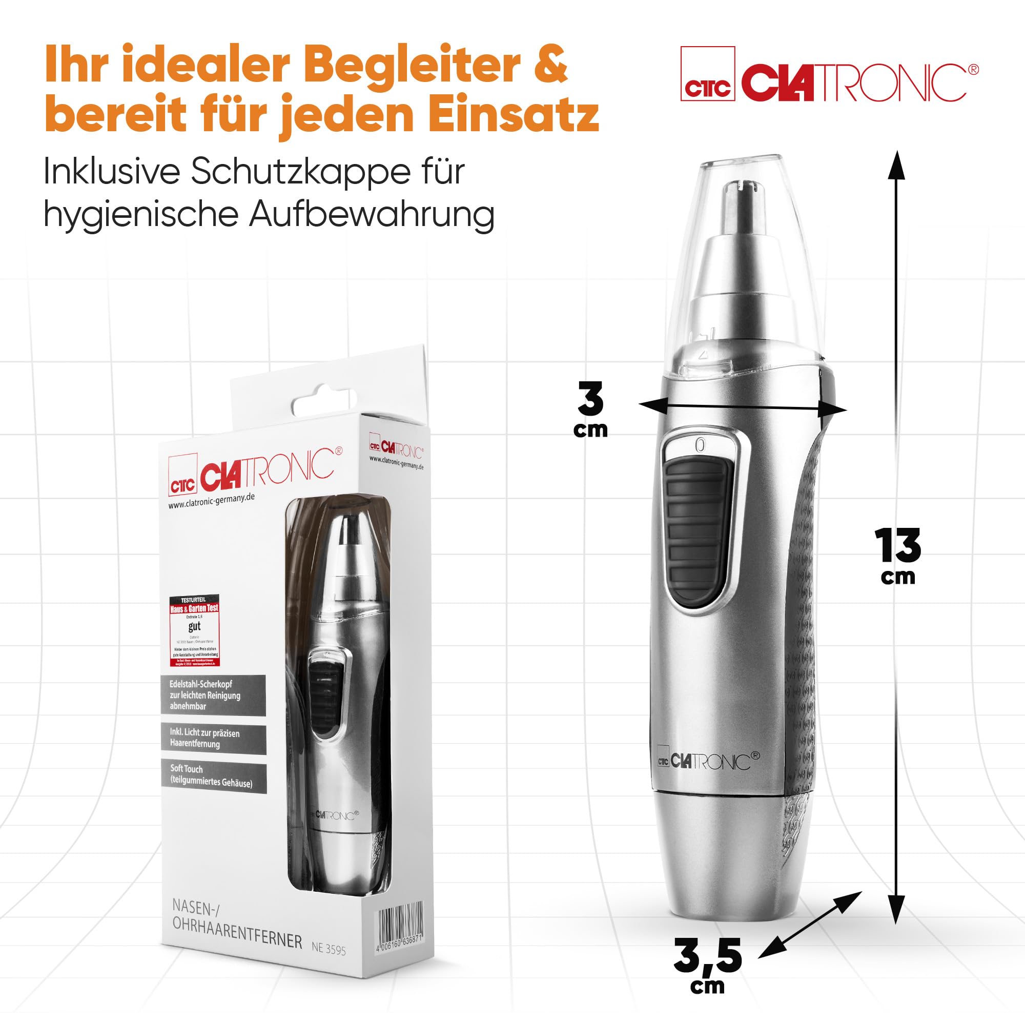Clatronic® Nasenhaartrimmer Herren | auch für Ohrhaare | mit Licht | Soft-Touch-Gehäuse | Edelstahl-Scherkopf (abnehmbar) | Nasenhaarentferner | Nasenhaare entfernen | Nasentrimmer | NE 3595 7