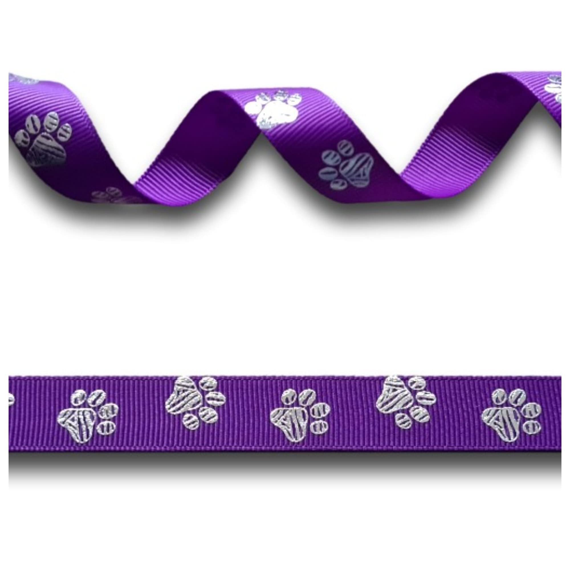 5 Yards (4.57 metres) Dog Bear Paw Print Purple Silver Foil Grosgrain Ribbon 16mm Wide, Ideal for Craft Projects, Scrapbooking, DIY Hair Bows, Present Wrapping etc.
