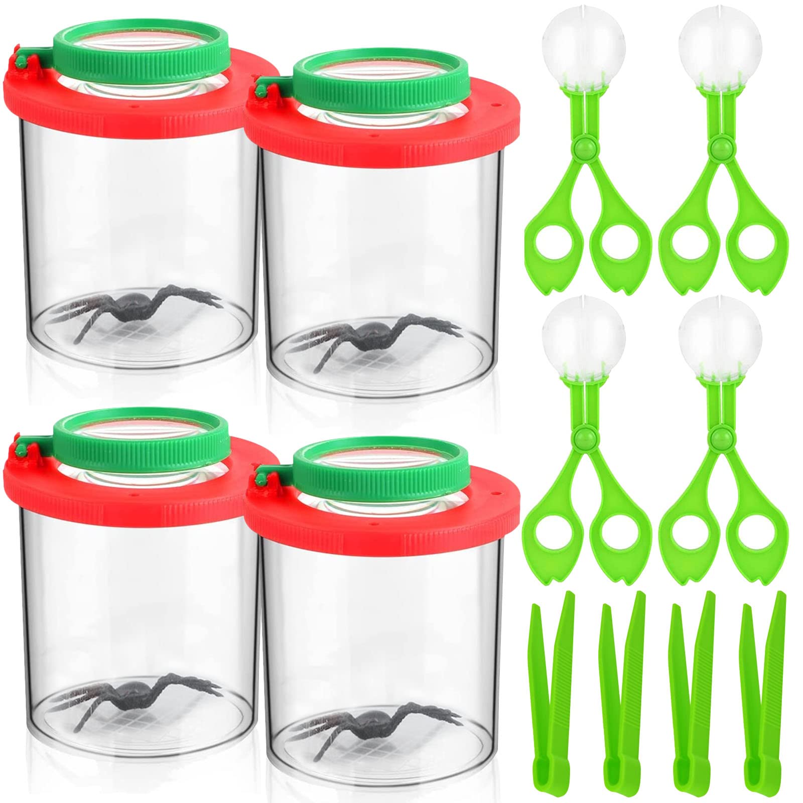 Zliger Bug Viewer, 4 Set Insert Bug Viewer Magnifying Insect Box Insect Cage Magnifying Bug Catcher Cage with Tweezers and Bug Trap for Kids Children Nature Exploration