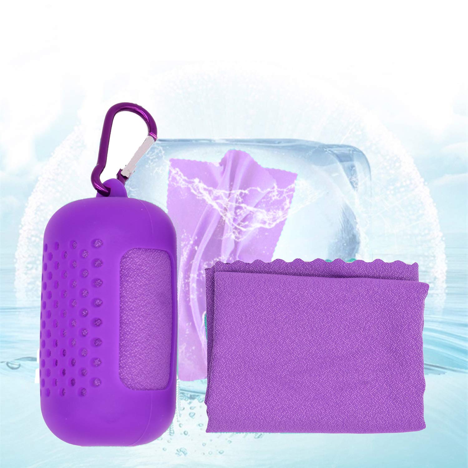golf towel gym towel cooling towel drying Cold Sports towel for Travel Camping Football & Outdoor Sports with Silicone storage box (Purple, 80cm x 30cm)