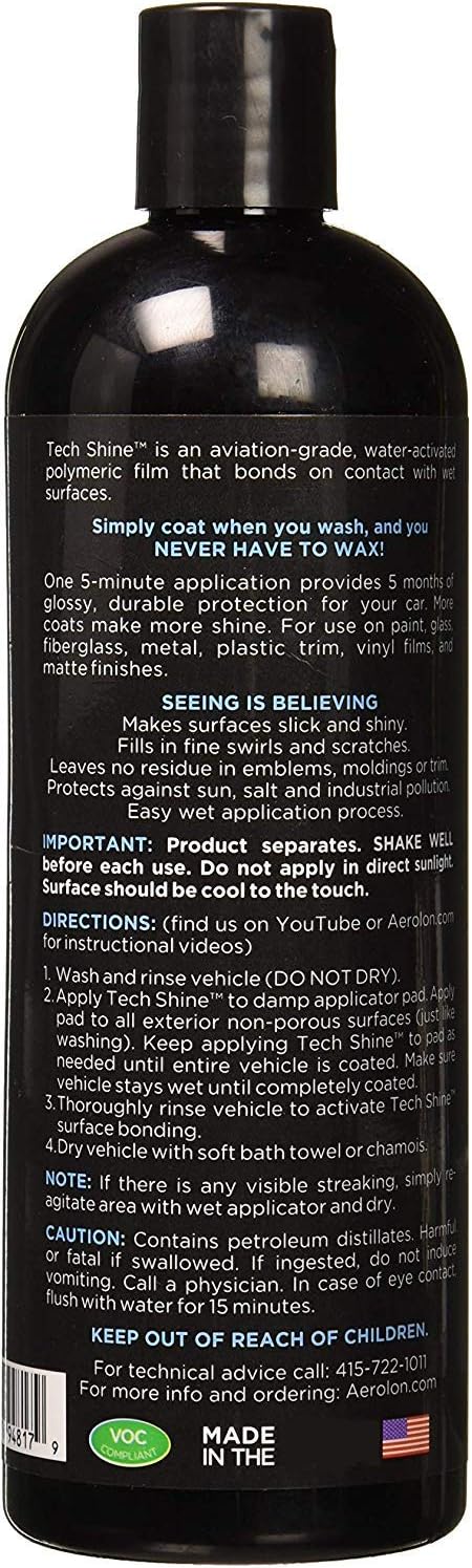 Aerolon Tech Shine (16 Ounce) Fast Wet-Applied Polymeric Car Wax Coating, Top Coat Polish and Sealer for Car Bike Boat, Auto Detailing Accessory for Hydrophobic Mirror Shine and Super Gloss: Automotive