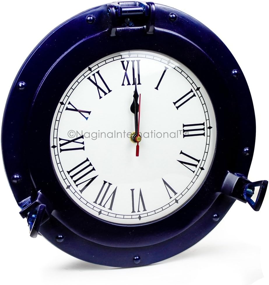 Nagina International Nautical Porthole Aluminium Blue Color | Maritime Wall Decor (17 Inches, Clock)