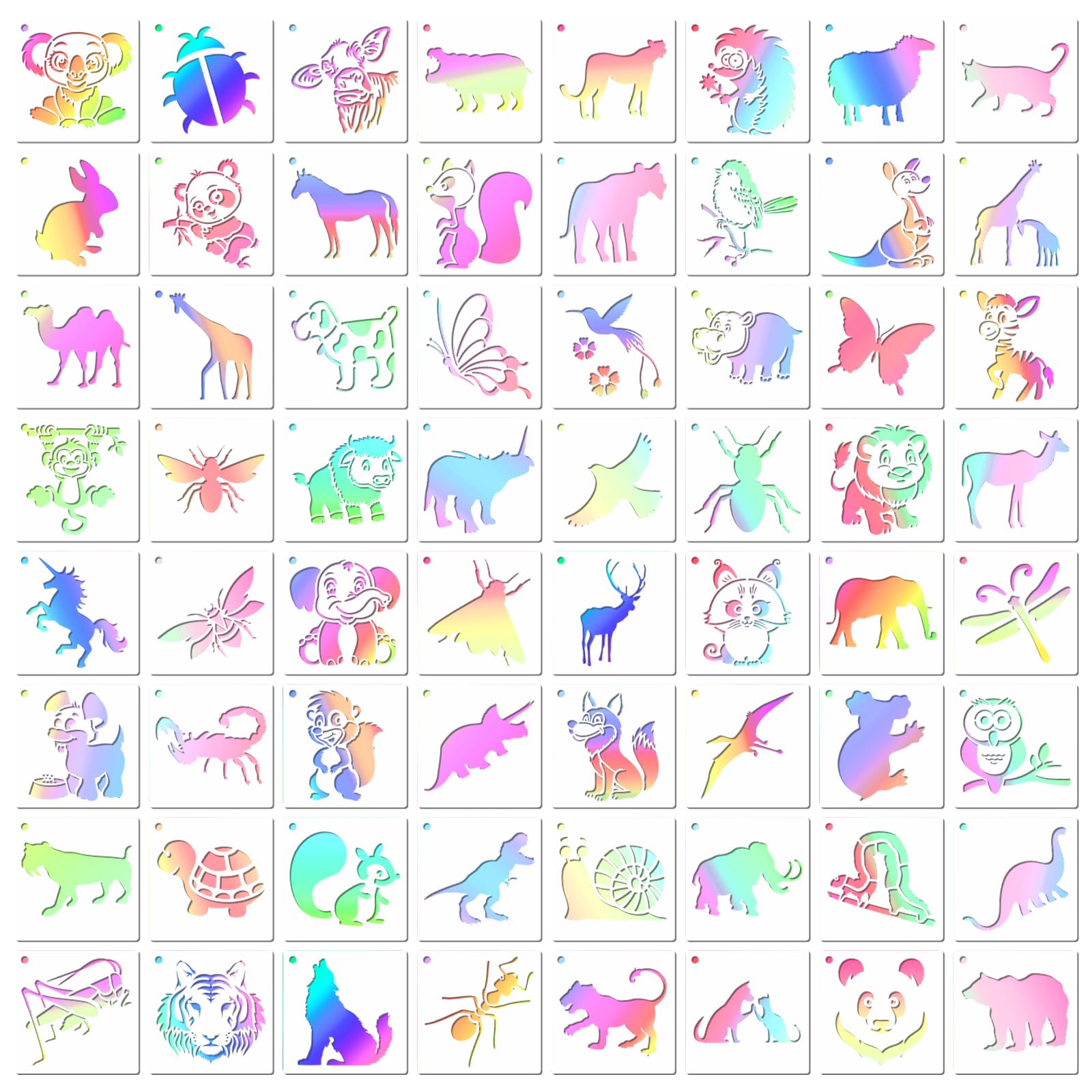 64 Pcs Kids Stencils - Animal Pattern Stencils 3.5" x 3.4" for Textile Design, Painting, Gift Cards, Clothes, Photo Album, Reusable