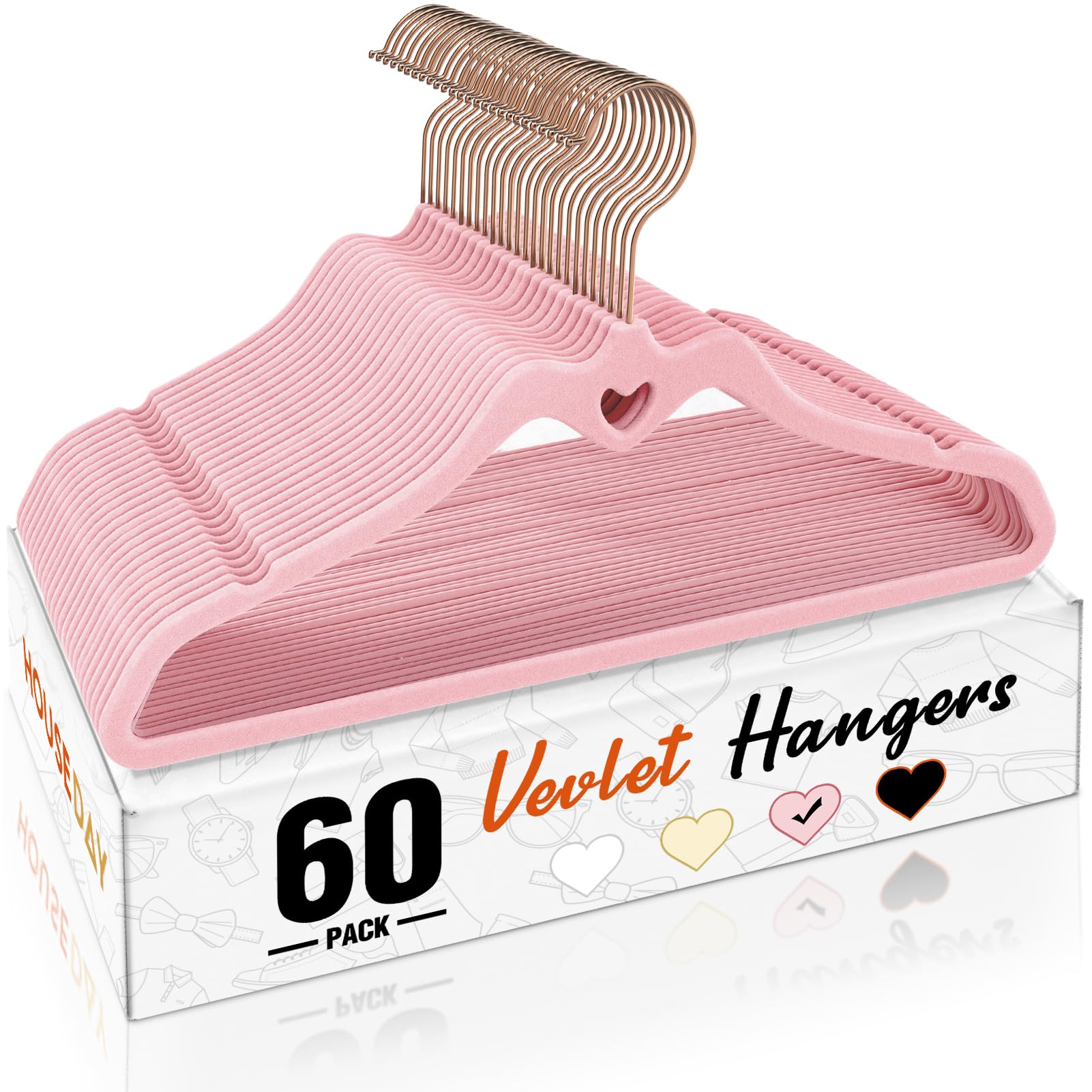 Photo 1 of HOUSE DAY Pink Velvet Hangers 60 Pack, Non Slip Flocked Felt Hangers, Sturdy Velvet Clothes Hanger, Cute Heart Heavy Duty Coat Hanger, Ultra Slim Pink for Closet Space Saving
