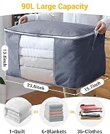 KALAHOL 90L Large Capacity Clothes Storage Bags Set of 6 with Zips Dark Grey view 5