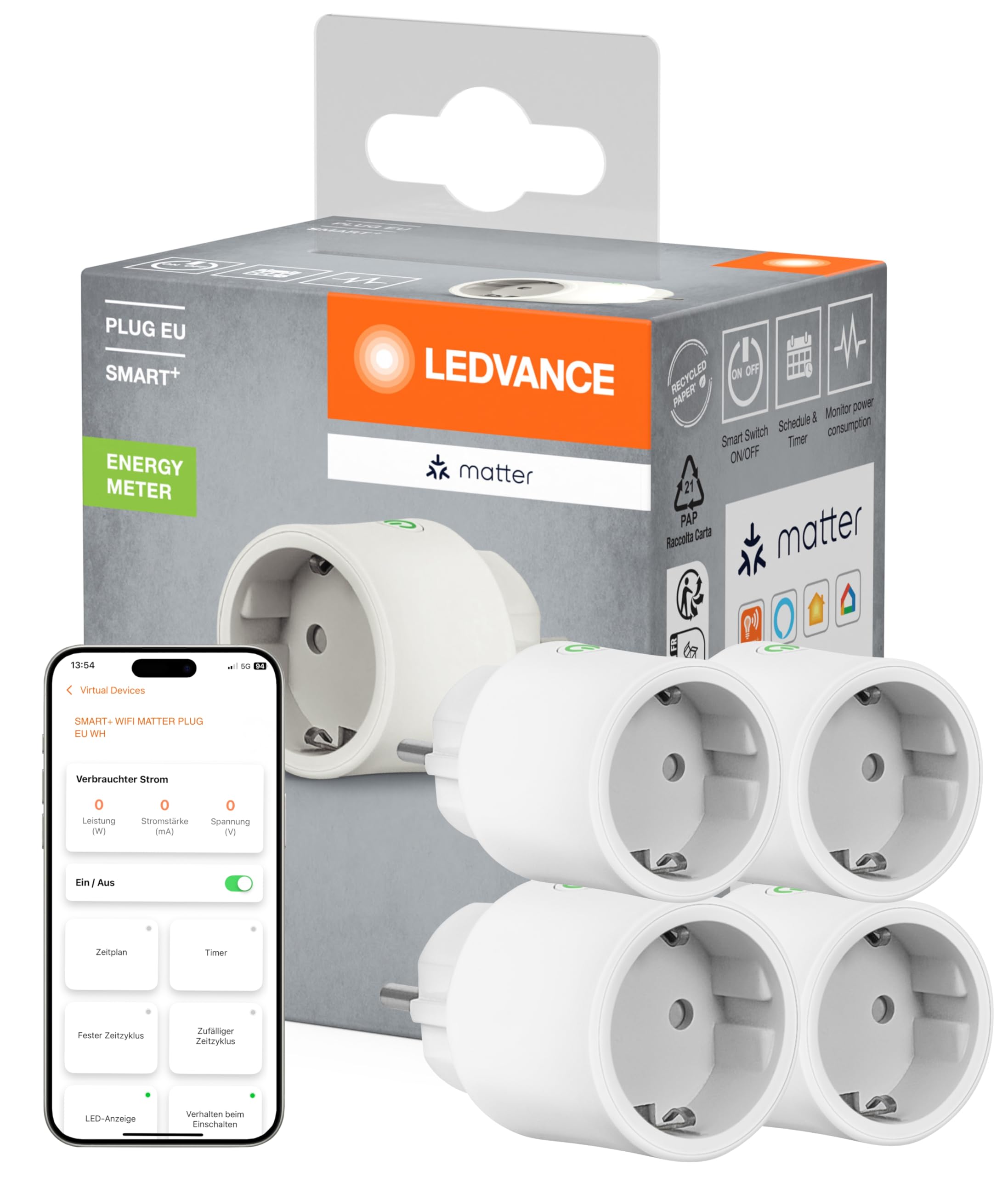 LEDVANCE SMART+ Indoor Plug, Smarte Steckdose mit Matter over WiFi, zur Einbindung konventioneller Geräte ins Smart Home, kompatibel mit Alexa, Google & Apple, misst&spart Stromverbrauch, weiss,4-Pack
