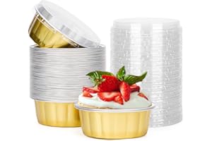 Disposable Ramekins with Lids, Beasea 8 oz 50 Pack 4 Inch Golden Aluminum Foil Cups Disposable Creme Brulee Muffin Cupcake Ba