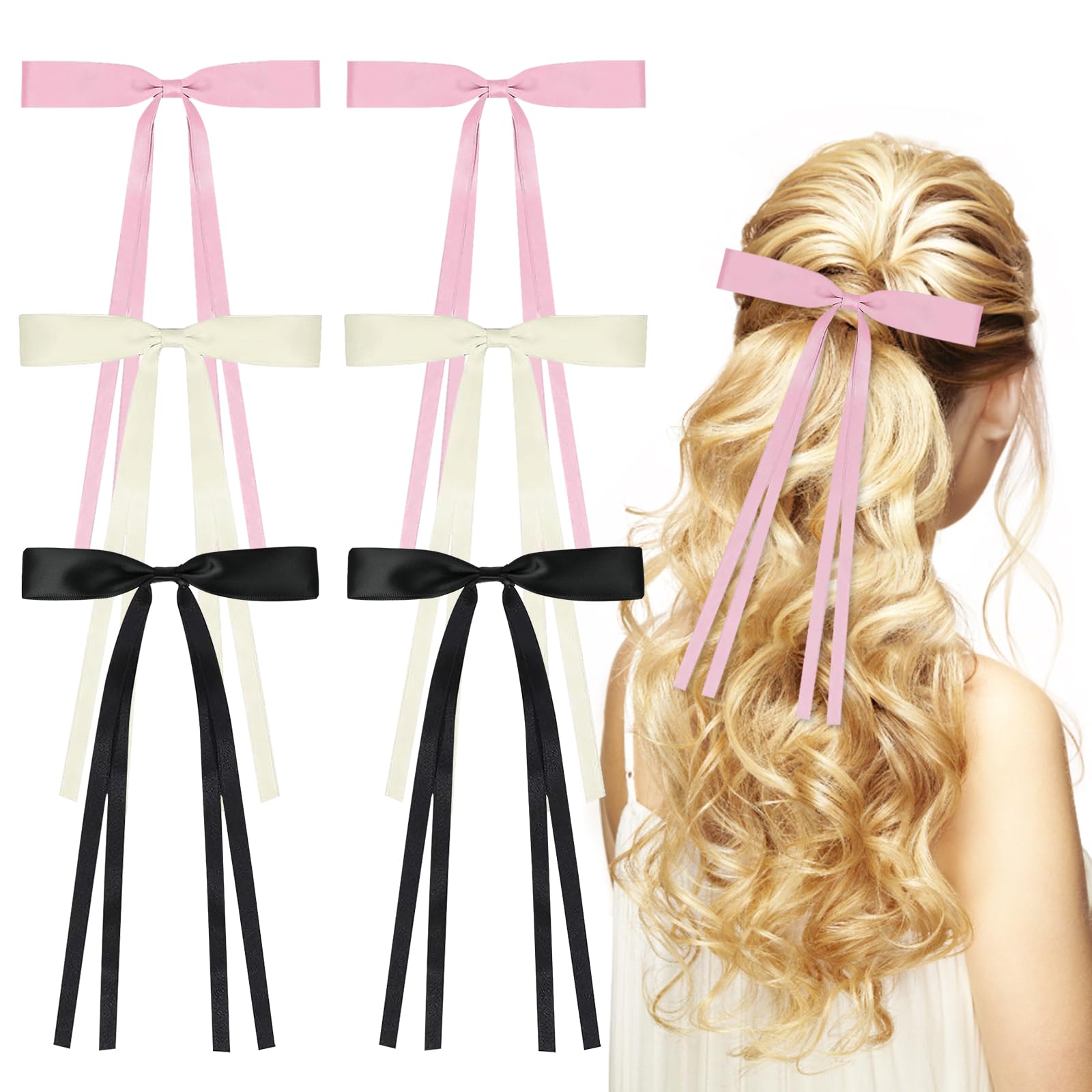 ACWOO Bow Hair clips - 6 Pack Bows for Women & Girls, French Barrette with Long Tail, Soft Silky Satin - Party Gifts