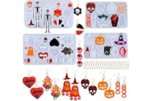 Rifanda 224 PCS Halloween Earring Resin Molds with Hole, Silicone Molds with 80 Earring Hooks Skull Pumpkin Bat Spider Epoxy Resin Jewelry Mold Pendant Keychain