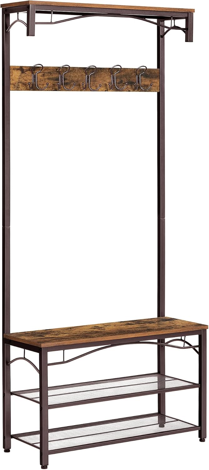 VASAGLE Industrial Coat Rack, 3-in-1 Hall Tree, Entryway Shoe Bench Coat Stand, Storage Shelves Accent Furniture Metal Frame Large Size: Furniture & Decor
