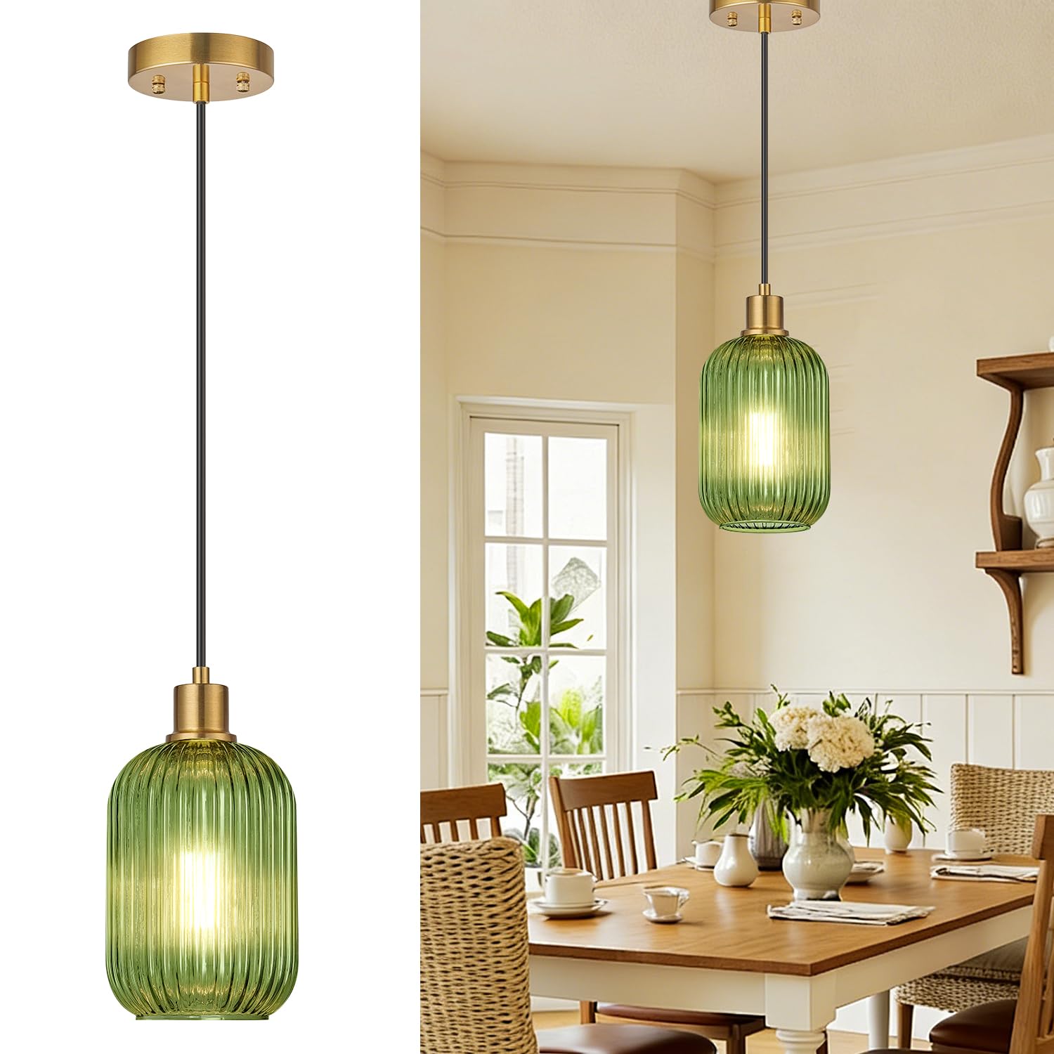Photo 1 of 1 Pack Pendant Lights with Vintage Green Ribbed Glass Lampshade, Adjustable Brushed Gold Pendant Lights Fixtures for Kitchen Island Lighting Sink, Dining & Living Room Hallway (Bulbs Not Included)