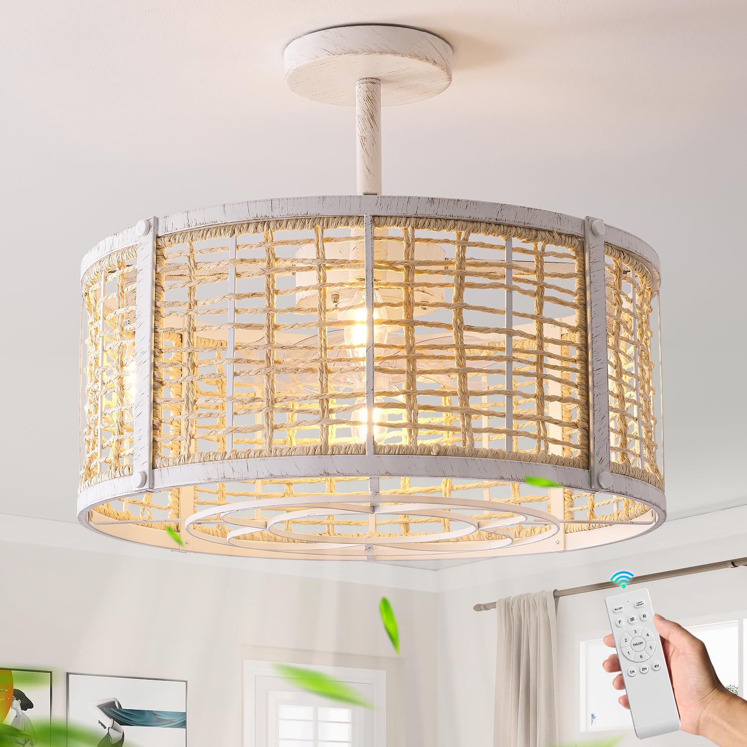 Photo 1 of Beiduna 20Inch Rattan Caged Ceiling Fan with Light, Boho Rattan Fandelier Ceiling Fan with Light and Remote Control with Reversible 6 Speeds for Bedroom, Dining Room, Living Room, Nursery, E12 Base