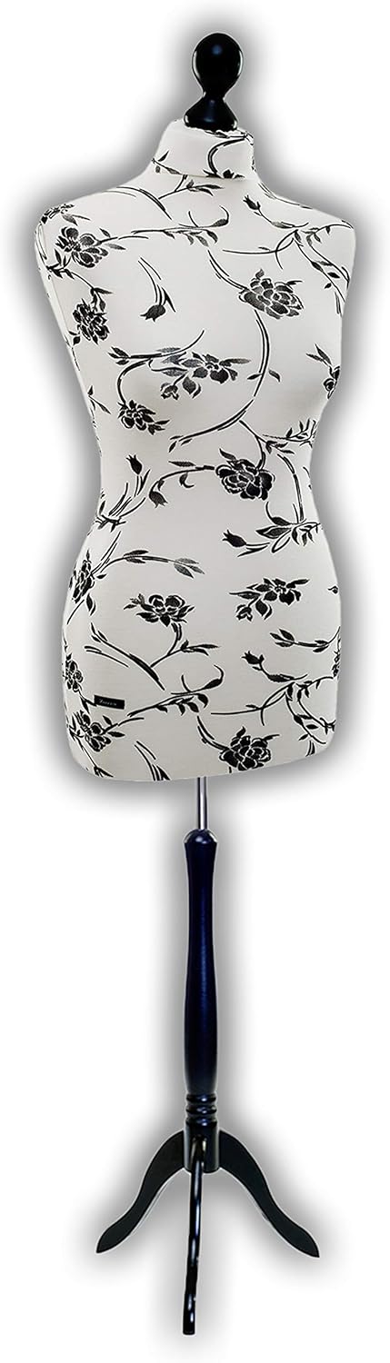 LUCCESI Schneiderpuppe Schneiderbüste | Damen Größen/Size: von 34/36 bis 44/46 | Büste XL (44-46), Bezug Creme mit Blumen (schwarz), Standfuss schwarz