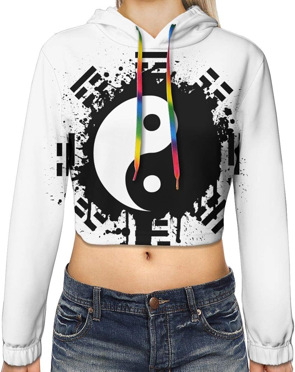 Cropped Hoodies for Women, Yin-Yang Print Crop Top Hooded, Girl's Hiphop Pullover Sweatshirt Tops,