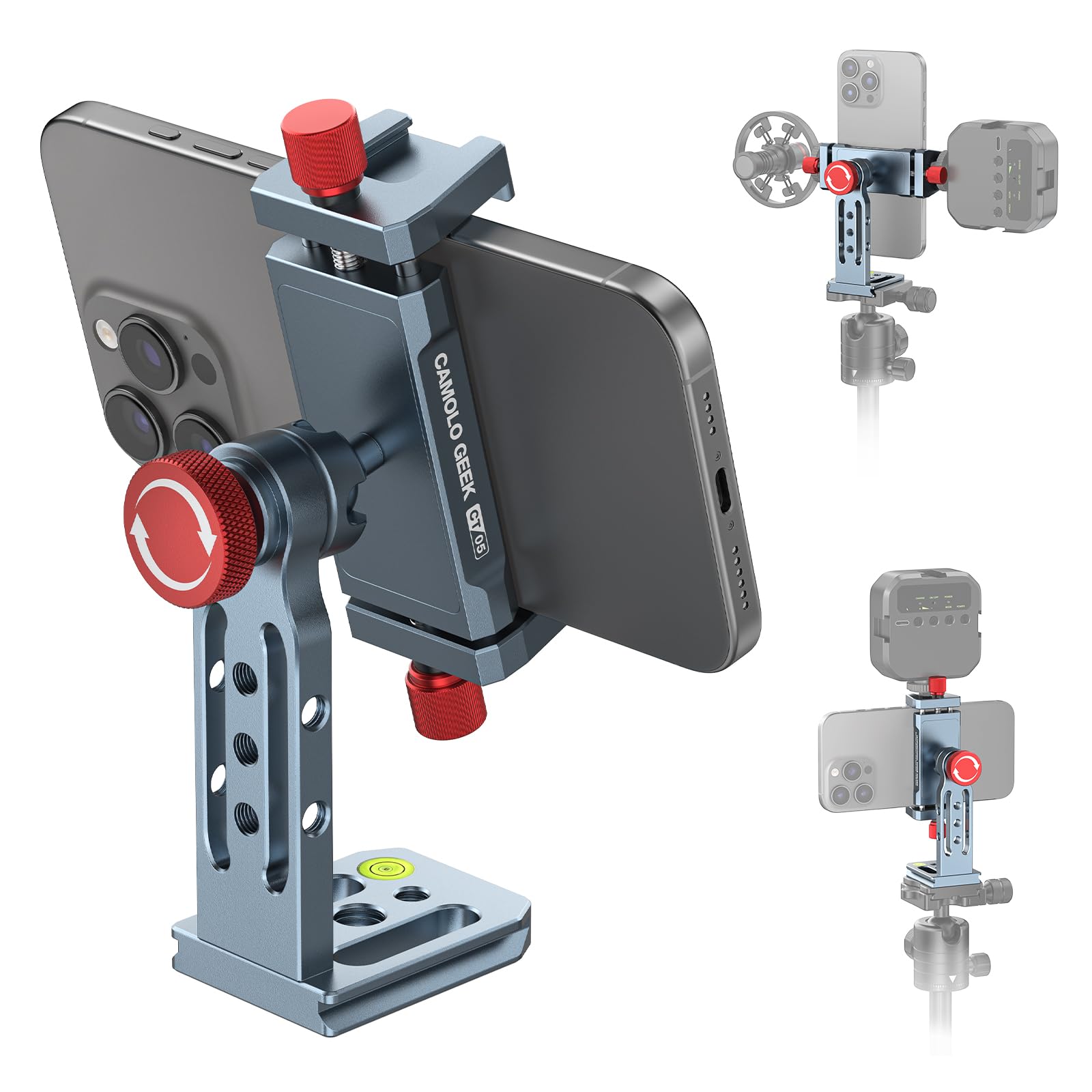 Phone Tripod Mount Aluminum Alloy, 360° Rotatable Phone Stand Holder Clamp with Cold Shoe and Arca Base Compatible with iPhone 15 Pro Max Galaxy S24 Ultra Pixel & 2.5"-4" Wide Smartphones