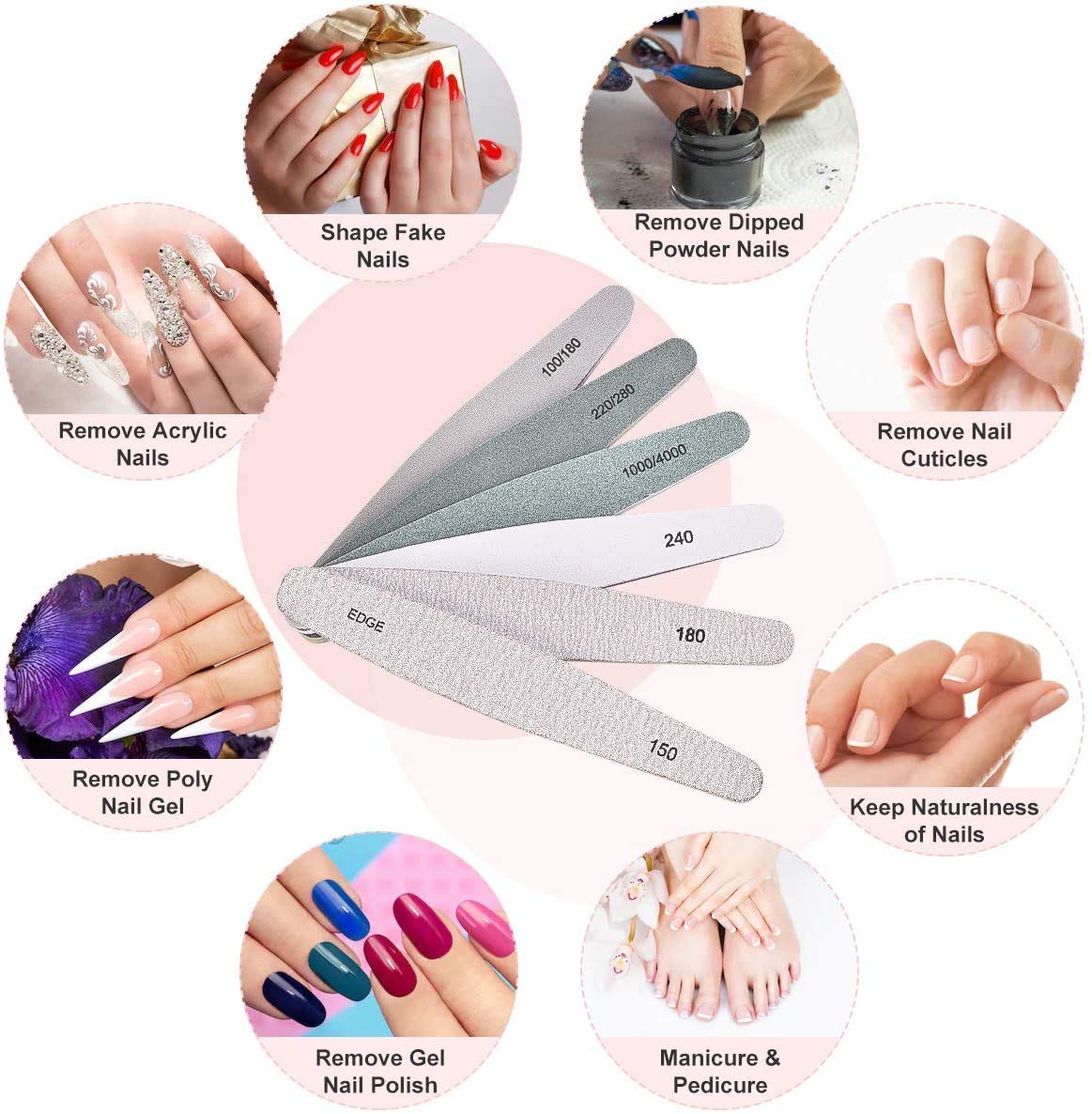 AIRSEE Nail File Professional Nail Files and Buffers for Gel, Acrylic, Nature Nails Double Sided Emery Boards, Manicure and Pedicure Tools for Nail Grooming and Styling, 6Pcs Nail Filer Shine Kit : Beauty
