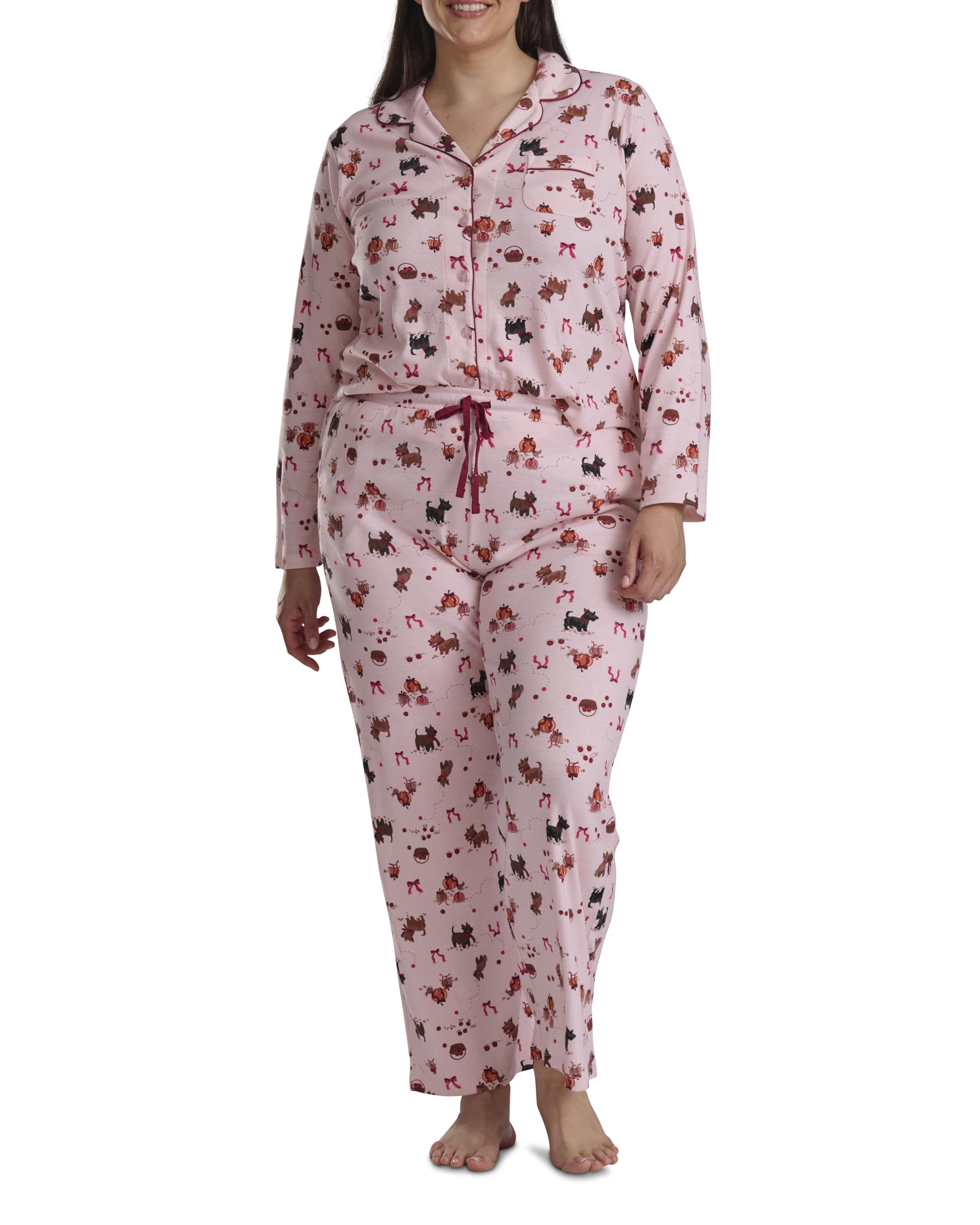 Karen Neuburger Women’s [Plus Size] Girlfriend Long Sleeve Notch Collar Button Up Top and Pant Bottom 2-Piece Pajama Set, Apple Orchard Scotties, 1X