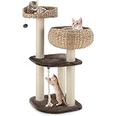Tangkula Modern Cat Tree for Indoor Cats, Small/Tall Cat Tower with Natural Sisal Scratching Post, Hand-Made Wicker Cat Condo &amp; Top Perch, Funny Hanging Toy Ball, Cute Cat Tree Tower for Large Cats